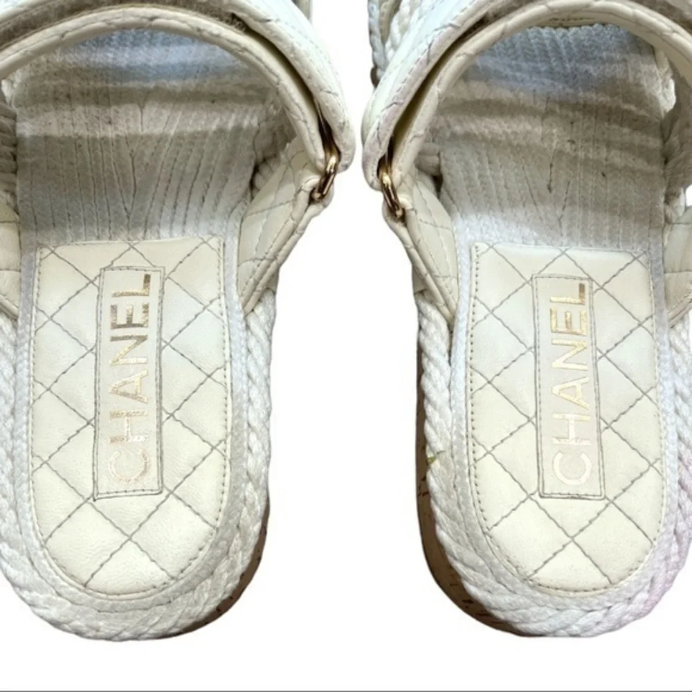 Chanel 21S Dad Ivory White Cord Rope CC Quilted Slide Strap Sandals Size 38